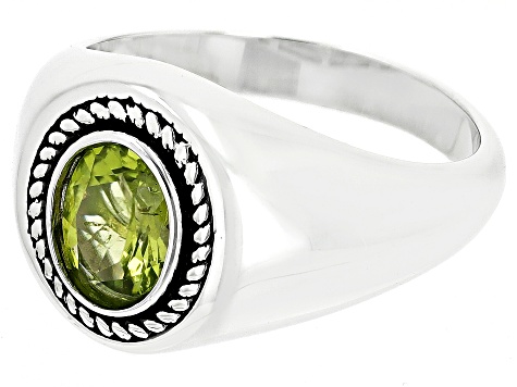 Pre-Owned Green Peridot Rhodium Over Sterling Silver Men's Solitaire Ring 1.15ct