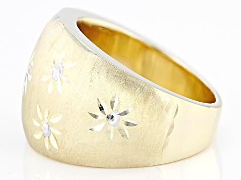 Pre-Owned 10k Yellow Gold & Rhodium Over 10k Yellow Gold Diamond-Cut Flower Design Domed Ring