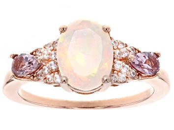 Picture of Pre-Owned Ethiopian Opal with Color Shift Garnet and White Zircon 18k Yellow Gold Over Silver Ring 1