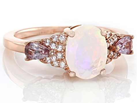 Pre-Owned Ethiopian Opal with Color Shift Garnet and White Zircon 18k Rose Gold Over Silver Ring