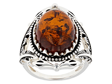 Pre-Owned Oval Amber Sterling Silver Ring