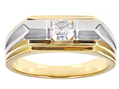 Pre-Owned Moissanite 14k yellow gold and rhodium over silver two tone mens solitaire ring .44ct DEW.