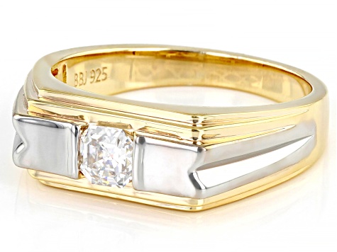 Pre-Owned Moissanite 14k yellow gold and rhodium over silver two tone mens solitaire ring .44ct DEW.