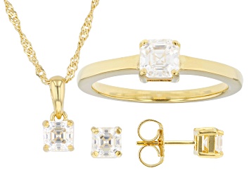 Picture of Pre-Owned Moissanite 14k Yellow Gold Over Silver Ring, Stud Earrings, and Pendant with Chain Set 1.2