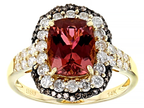 Pre-Owned Pink Tourmaline With White And Champagne Diamond 14k Yellow Gold Halo Ring 2.89ctw