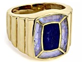 Pre-Owned Blue Lapis Lazuli & Rainbow Moonstone Inlay 18k Yellow Gold Over Sterling Silver Men's Rin