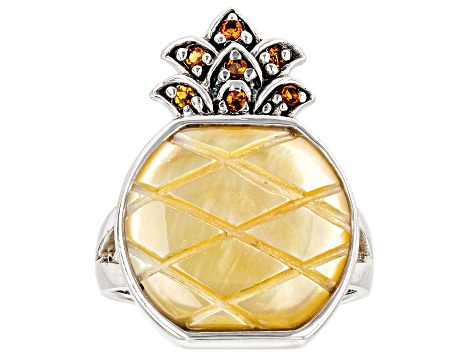 Pre-Owned Yellow Mother-Of-Pearl Sterling Silver Pineapple Ring 0.03ctw.