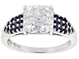 Pre-Owned Moissanite And Blue Sapphire Platineve Ring 2.96ct DEW.