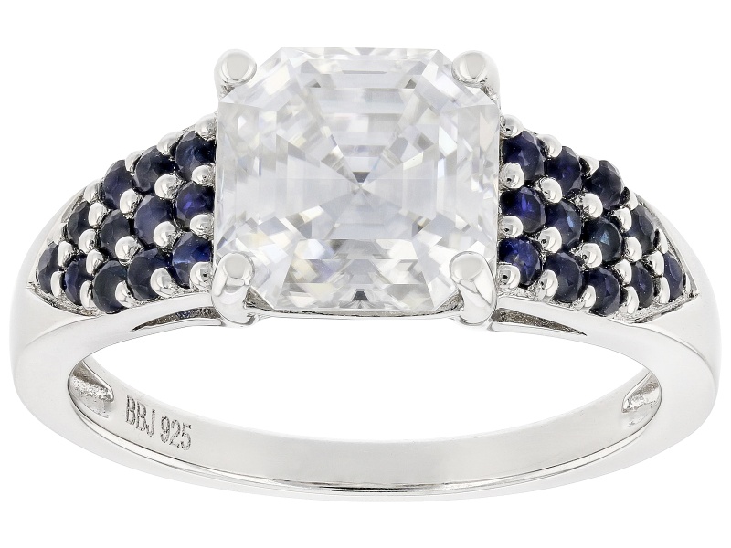 Pre-Owned Moissanite And Blue Sapphire Platineve Ring 2.96ct DEW.