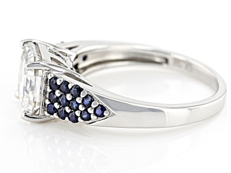 Pre-Owned Moissanite And Blue Sapphire Platineve Ring 2.96ct DEW.