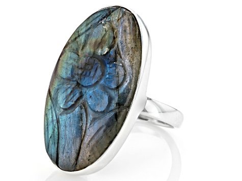 Pre-Owned 32x18mm Labradorite Sterling Silver Hand Carved Floral Ring