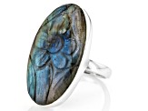 Pre-Owned 32x18mm Labradorite Sterling Silver Hand Carved Floral Ring