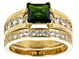 Pre-Owned Green Chrome Diopside with White Zircon 18k Yellow Gold Over Sterling Silver Set of 2 Ring