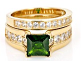 Pre-Owned Green Chrome Diopside with White Zircon 18k Yellow Gold Over Sterling Silver Set of 2 Ring