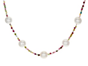 Pre-Owned White Cultured Freshwater Pearl & Multi-Tourmaline 18k Yellow Gold Over Sterling Silver Ne