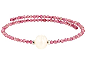 Pre-Owned White Cultured Freshwater Pearl with Pink Tourmaline Stainless Steel Bracelet