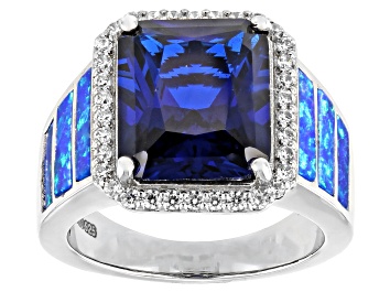 Picture of Pre-Owned Blue Lab Created Spinel Rhodium Over Sterling Silver Ring. 6.26ctw