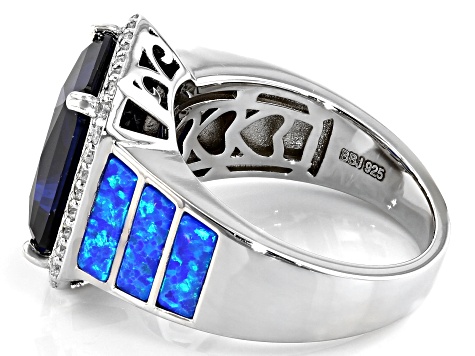 Pre-Owned Blue Lab Created Spinel Rhodium Over Sterling Silver Ring. 6.26ctw
