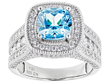 Picture of Pre-Owned Blue And White Cubic Zirconia Rhodium Over Sterling Silver Ring 6.79ctw