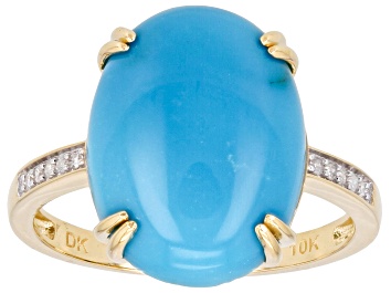 Picture of Pre-Owned Blue Sleeping Beauty Turquoise With White Diamond 10k Yellow Gold Ring 0.04ctw