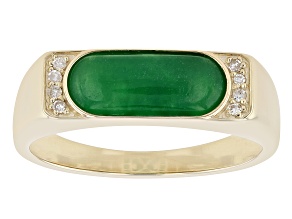Pre-Owned Green Jadeite And White Diamond 10K Yellow Gold Ring 0.04ctw