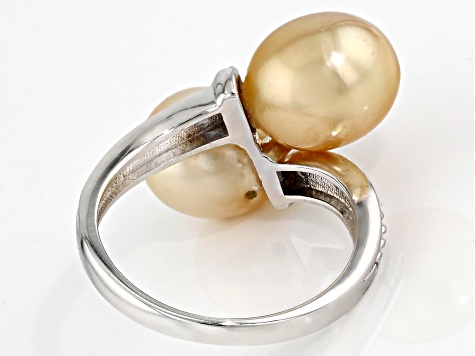 Pre-Owned Golden Cultured South Sea Pearl Rhodium Over Sterling Silver Ring