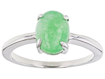 Picture of Pre-Owned Light Green Jadeite Rhodium Over Silver Solitaire Ring 9x7mm
