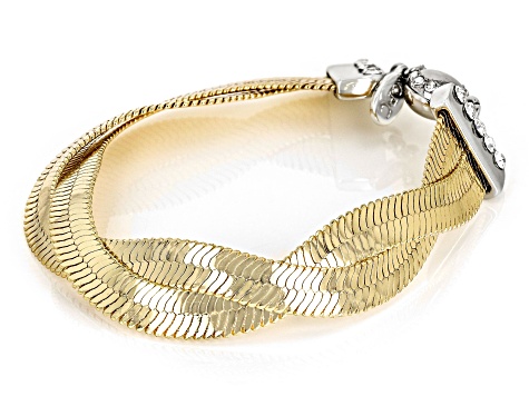 Pre-Owned White Crystal Gold Tone Herringbone Bracelet