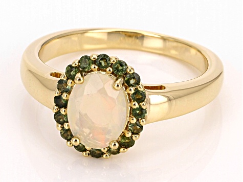 Pre-Owned Ethiopian Opal With Green Tourmaline 18k Yellow Gold Over Sterling Silver Ring 0.72ctw