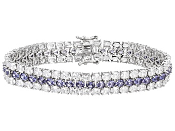 Picture of Pre-Owned Blue And White Cubic Zirconia Rhodium Over Silver Tennis Bracelet 31.10ctw