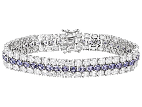 Pre-Owned Blue And White Cubic Zirconia Rhodium Over Silver Tennis Bracelet 31.10ctw