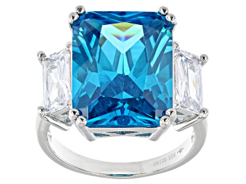 Picture of Pre-Owned Blue And White Cubic Zirconia Rhodium Over Sterling Silver Ring 20.76ctw