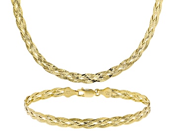 Picture of Pre-Owned 18k Yellow Gold Over Sterling Silver 5mm Braided Herringbone Link Bracelet & 18 Inch Chain