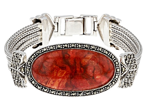 Pre-Owned Sponge Red Coral With Marcasite Sterling Silver Bracelet