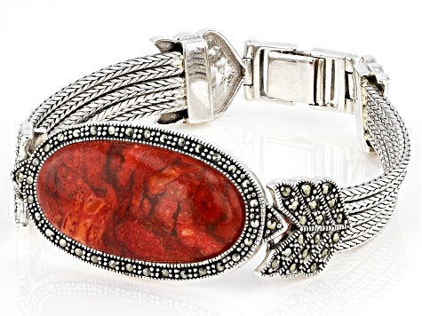 Pre-Owned Sponge Red Coral With Marcasite Sterling Silver Bracelet