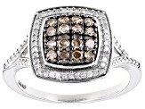 Pre-Owned Champagne And White Diamond Rhodium Over Sterling Silver Cluster Ring 0.45ctw