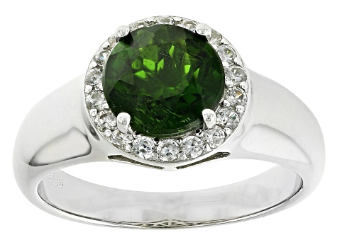 Pre-Owned Green Chrome Diopside With White Zircon Rhodium Over Sterling Silver Ring 2.19ctw