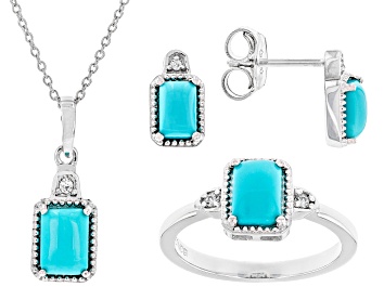 Picture of Pre-Owned Blue Sleeping Beauty Turquoise Rhodium Over Sterling Silver Ring, Earrings, and Pendant Se