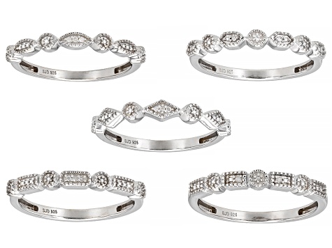 Pre-Owned White Diamond Accent Rhodium Over Sterling Silver Set of 5 Band Rings
