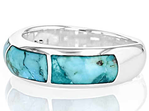 Pre-Owned Blue Composite Turquoise Sterling Silver 3-Stone Inlay Ring