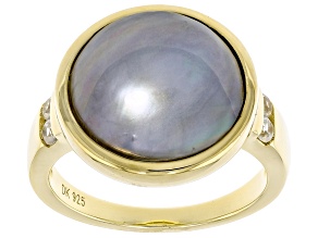 Pre-Owned Platinum Cultured Mabe Pearl and White Zircon 18k Yellow Gold Over Sterling Silver Ring