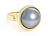 Pre-Owned Platinum Cultured Mabe Pearl and White Zircon 18k Yellow Gold Over Sterling Silver Ring