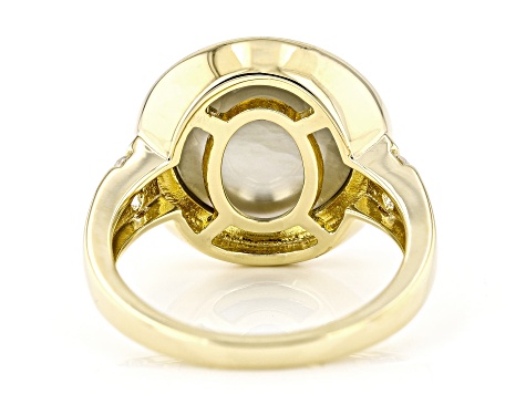 Pre-Owned Platinum Cultured Mabe Pearl and White Zircon 18k Yellow Gold Over Sterling Silver Ring