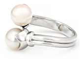 Pre-Owned White Cultured Japanese Akoya Pearl Rhodium Over Sterling Silver Bypass Ring