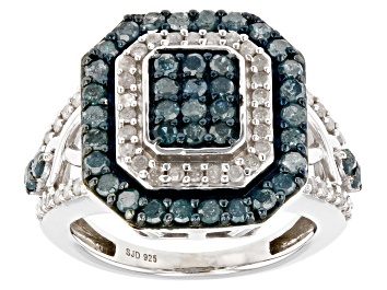Picture of Pre-Owned Blue And White Diamond Rhodium Over Sterling Silver Cluster Ring 1.65ctw