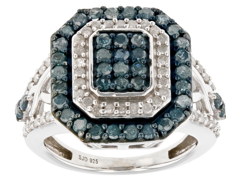 Pre-Owned Blue And White Diamond Rhodium Over Sterling Silver Cluster Ring 1.65ctw