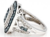 Pre-Owned Blue And White Diamond Rhodium Over Sterling Silver Cluster Ring 1.65ctw