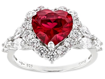 Picture of Pre-Owned Lab Created Ruby And White Cubic Zirconia Rhodium Over Sterling Silver Heart Ring 5.72ctw