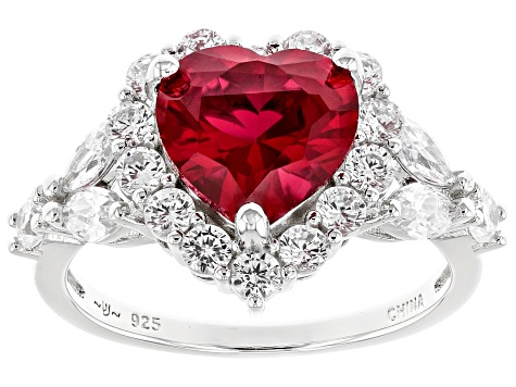 Pre-Owned Lab Created Ruby And White Cubic Zirconia Rhodium Over Sterling Silver Heart Ring 5.72ctw