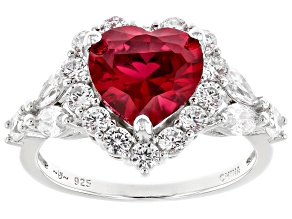 Pre-Owned Lab Created Ruby And White Cubic Zirconia Rhodium Over Sterling Silver Heart Ring 5.72ctw